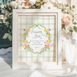 Florales Rahmen Grün Kariert Baby Shower Blumenbar Poster