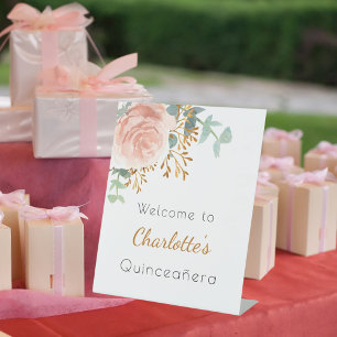 Florales Roségold-Grün Quinceanera Willkommen Sockelschild