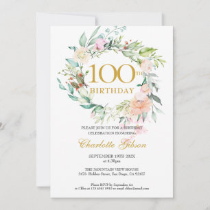 Florales Rosen-Girlande-Monogramm 100. Geburtstag Einladung