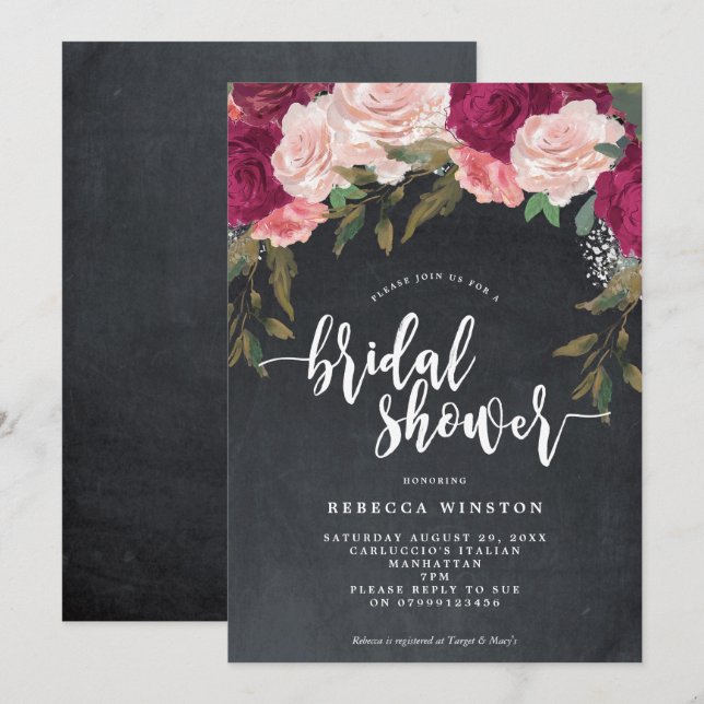 florales roses bordeaux invitation douche nuptiale (Devant / Derrière)