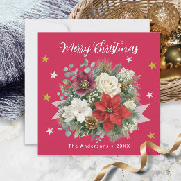 Florales Rot Frohe Weihnachten Familienname