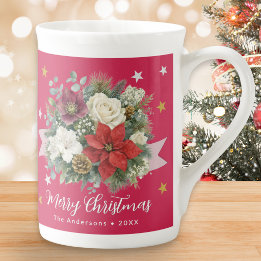 Florales Rot Frohe Weihnachten Familienname Prozellantasse