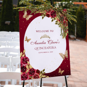 Florales Rot Gold Tiara Schmetterling Quinceañera Poster