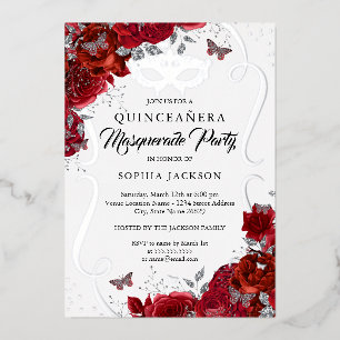 Florales Rot Silber Scroll Masquerade Quinceanera Folieneinladung