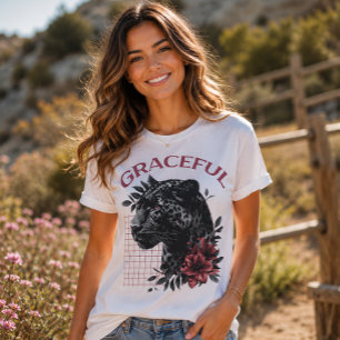 Florales Schwarzes Panther Elegante Typografie T-Shirt