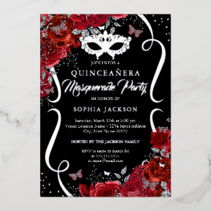 Florales Silber-Rot-Rollo-Masquerade-Quinceanera Folieneinladung