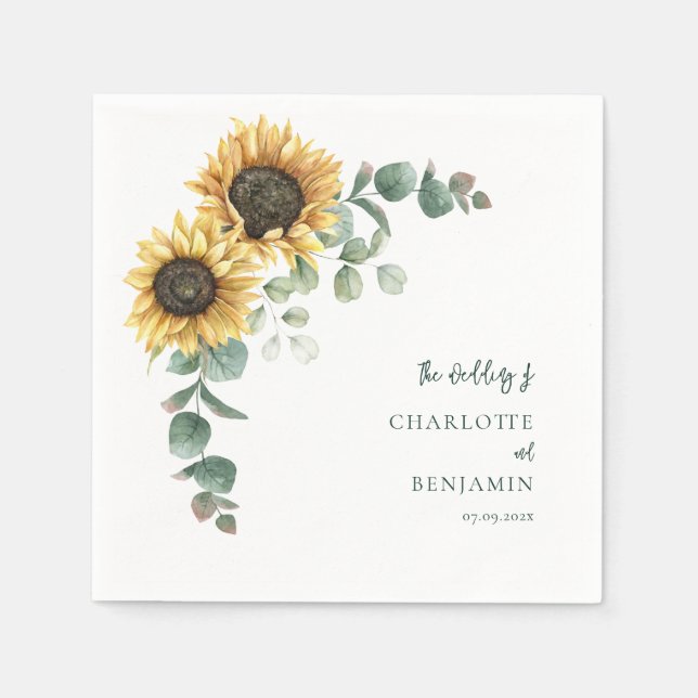 Florales Sonnenblumen-Eukalyptus-Script-Hochzeitsp Serviette (Vorderseite)