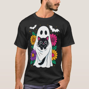 Florales spooky Gespenst, das schwarze Katze Hallo T-Shirt