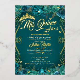 Florales Teal Gold Scroll Mis Quince Quinceanera Folieneinladung