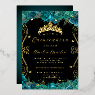 Florales Teal Schwarz Gold Scroll Quinceanera Folieneinladung