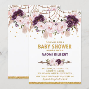 Florales Traumfänger-Baby-Shower-Mädchen Lila Errö Einladung