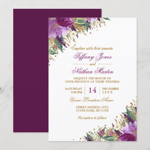 Florales Wasserfarben-Funkelndes Amethyst-Hochzeit Einladung