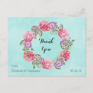 Florales Wasserfarben-Kranz-Hochzeit Danke Postkarte