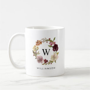 Florales Wasserfarben-Kranz-Monogramm Familienname Kaffeetasse