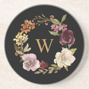 Florales Wasserfarben-Kranz-Monogramm Schwarz Getränkeuntersetzer