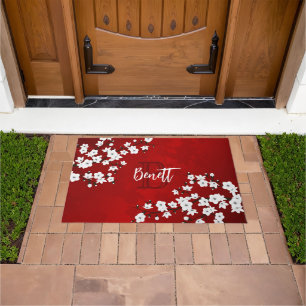 Florales Weiß Kirschblüten Rot Monogramm Name hinz Fußmatte