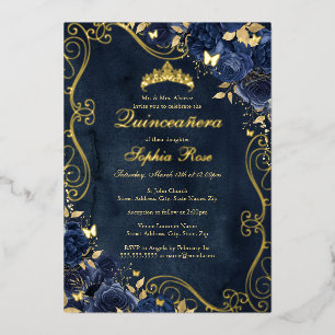 Florales Wirbel Gold Navy Schmetterling Quinceaner Folieneinladung
