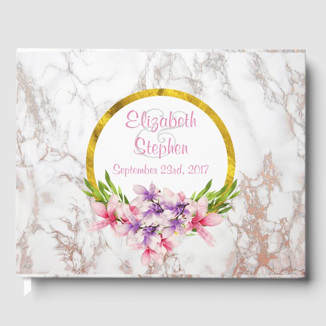 Floralfarben, weißes Marmor Textur Hochzeit Gästebuch (Vorderseite)