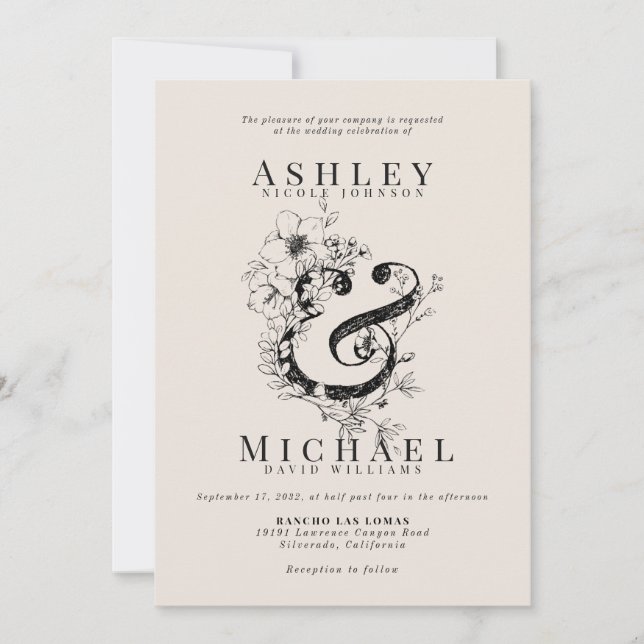 FLORALISCHE AMPERSAND Hand Drawn Blush Wedding Einladung (Vorderseite)