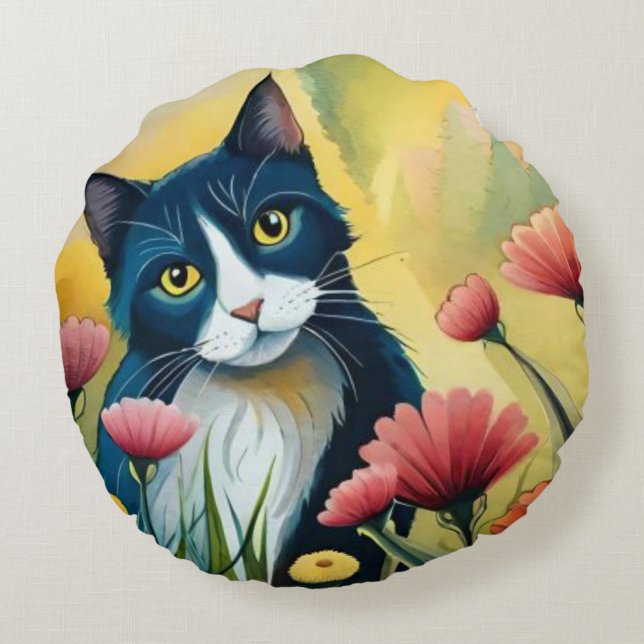 FLoralkatze Rundes Kissen (Rückseite)