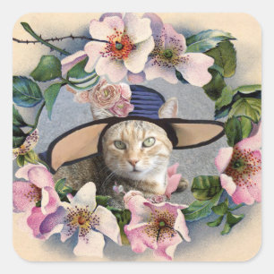 FLORALKULTUR,WILD-ROSE TATUS CAT-FOTOVORLAGE QUADRATISCHER AUFKLEBER