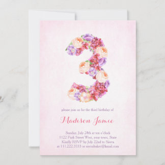 Floralmonogramm, 3. Geburtstagskarten für Mädchen Einladung