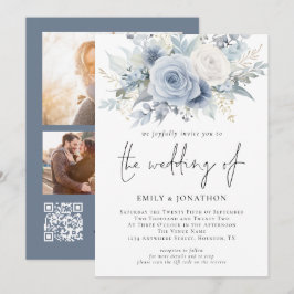 Florals 3 Fotos QR Code Dusty Blue Wedding Einladung