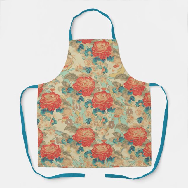 Florals Aquamarin, Pfirsichfarben, Aquamarine All- Schürze (Vorderseite)