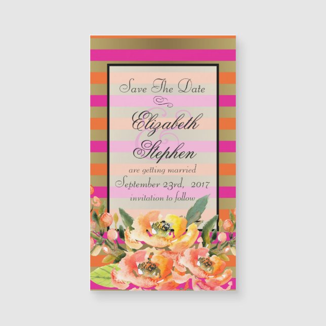 Florals auf rosa und goldene Streifen Save the Dat Magnetkarte (Vorderseite)