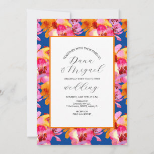 Florals Blue Orange Watercolor Einladung zur Hochz