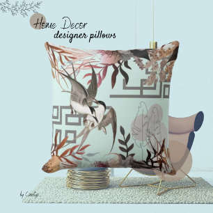 Florals Browns, Cranberry Tan & Birds Kissen