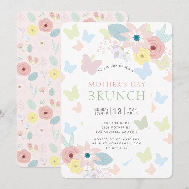 Florals & Butterflies Pink Mother Day Brunch Einladung (Vorne/Hinten)
