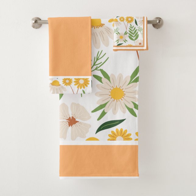 Florals Daisies Trimed in Coral und Greenery Badhandtuch Set (Insitu)