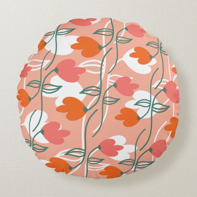 Florals Hand gezeichnete botanische Muster Orange Rundes Kissen (Vorderseite)