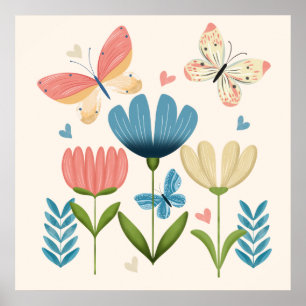 Florals in Blau und Orange Farben Poster