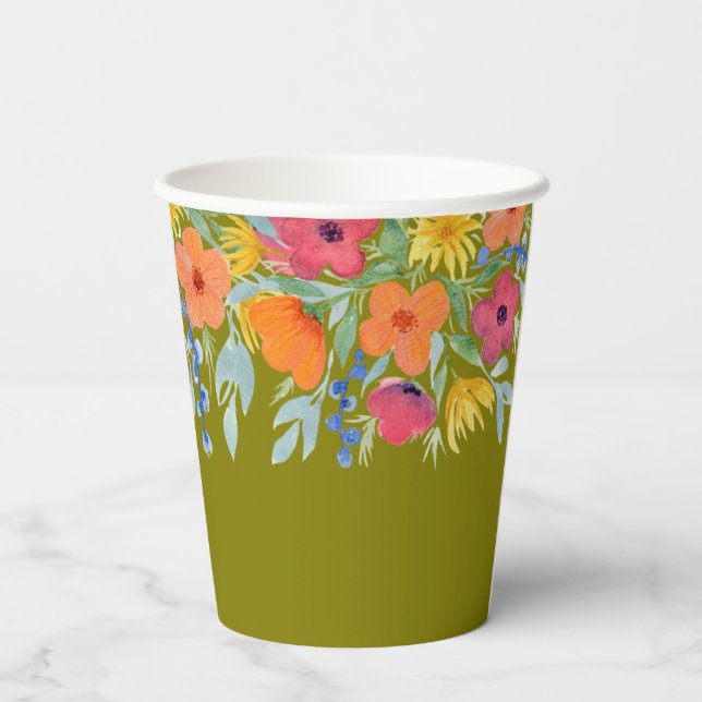 Florals mit Aquarellen auf Grün Pappbecher (Rückseite)