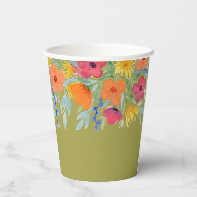 Florals mit Aquarellen auf Grün Pappbecher (Rückseite)