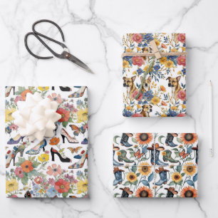 Florals mit Heelsen Stiefel und Hunde Geschenkpapier Set