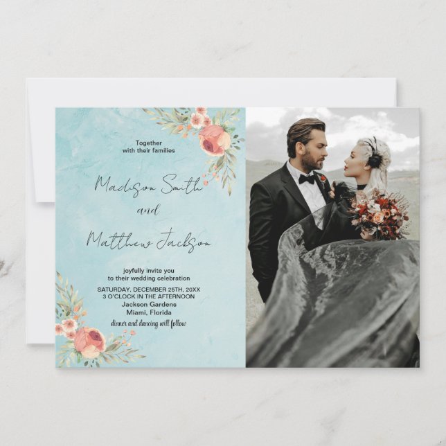 Florals on Green Theme Wedding Einladungen w Foto (Vorderseite)