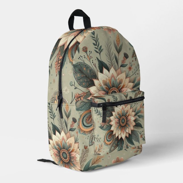 Florals on Sage Bedruckter Rucksack (Rückseitige Ecke links)