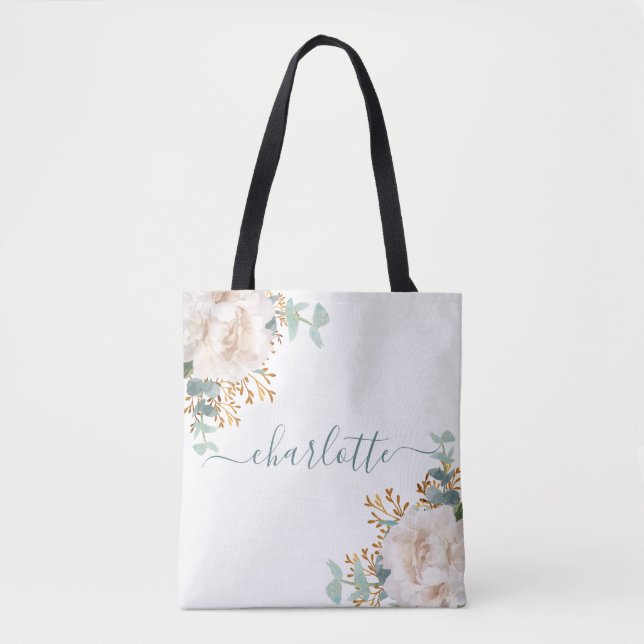 Florals Peony Eucalyptus Monogram Bridesmaid Tasche (Vorderseite)