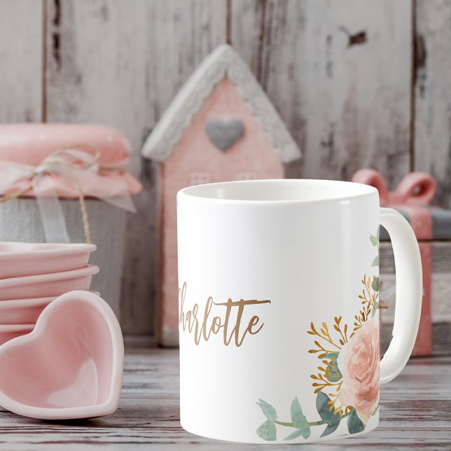 Florals Rose Goldgrün Goldname Kaffeetasse (Von Creator hochgeladen)