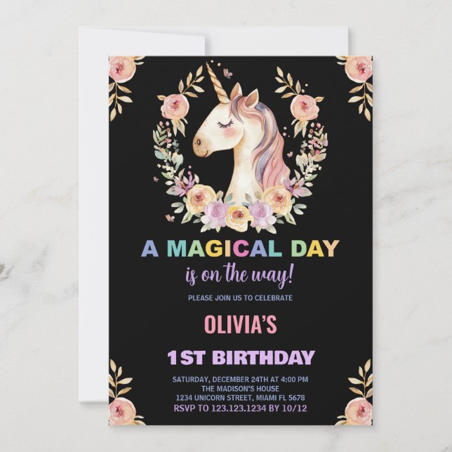 Florals Unicorn Invitations d'anniversaire (Devant)