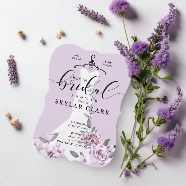Florals White Wedding Dress Drop in Brautparty Einladung (Florals White Wedding Dress Drop In Bridal Shower Invitation)