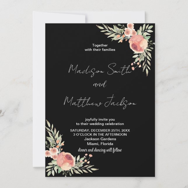 Florals zu Black Theme Wedding Einladungen (Vorderseite)
