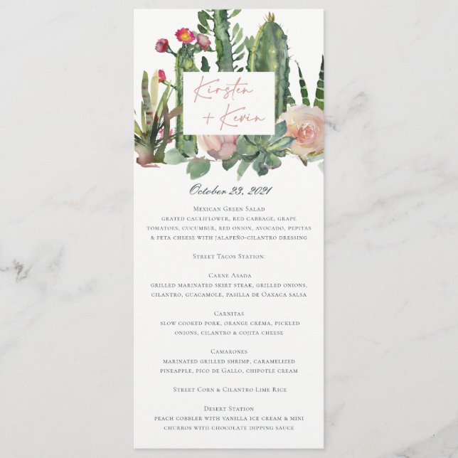 FLORALWÜSTE KACTI WATERCOLOR WEDMENU MENÜKARTE (Vorderseite)
