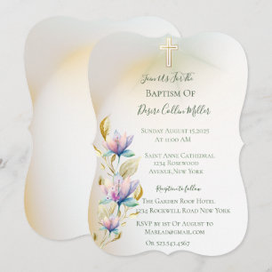 Flore Blush & Lilac, Invitation Baptême Croix Or