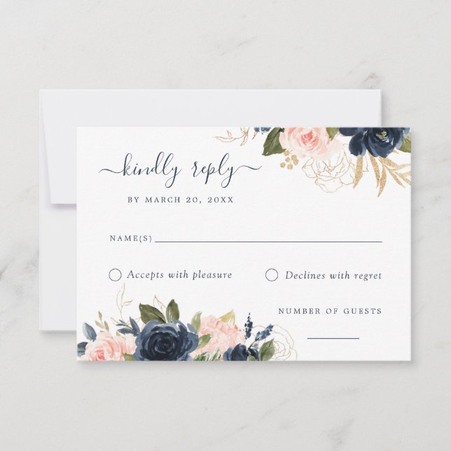 Flore Blush & Navy Elegant carte RSVP (Devant)