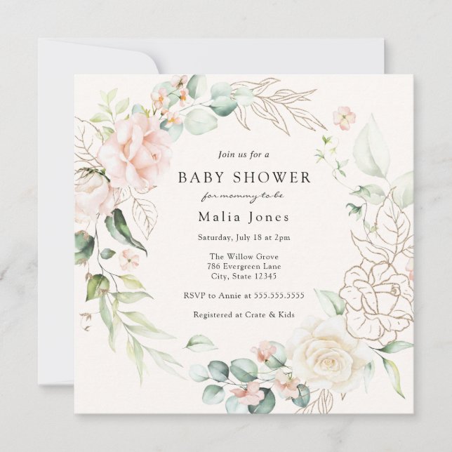 Flore floue et Baby shower verdoyant Invitation (Devant)