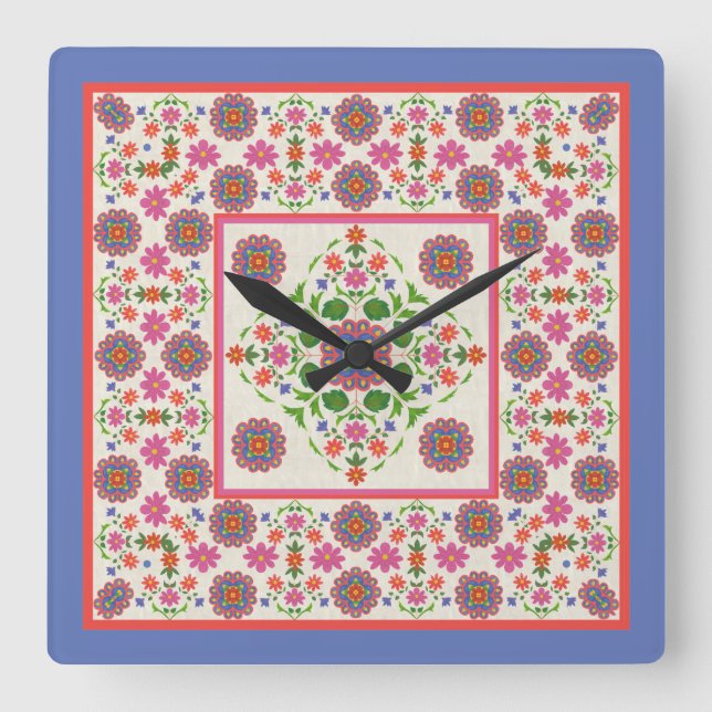 Flore Rangoli Frontière Motif sur Ecru : Horloge m (Recto)
